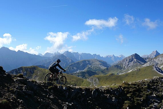 [Translate to English:] Mountainbike-Fahrer in den Bergen vor Bergpanorama