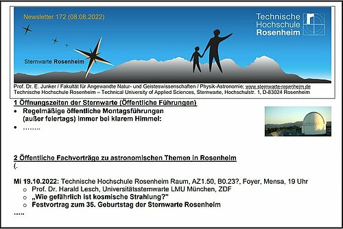 Ausschnitt Newsletter Sternwarte Rosenheim