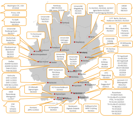 Landkarte von Deutschland mit Markierungen der Veranstaltungsorte unserer Workshops.