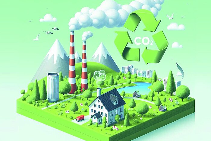 Illustration einer Landschaft mit Bäumen, einem Haus, Bergen und Fabriktürmen mit CO2-Ausstoß