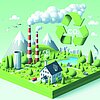 Illustration einer Landschaft mit Bäumen, einem Haus, Bergen und Fabriktürmen mit CO2-Ausstoß