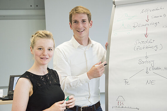 Studentin und Student aus dem Bereich der Weiterbildung vor einem Flipchart