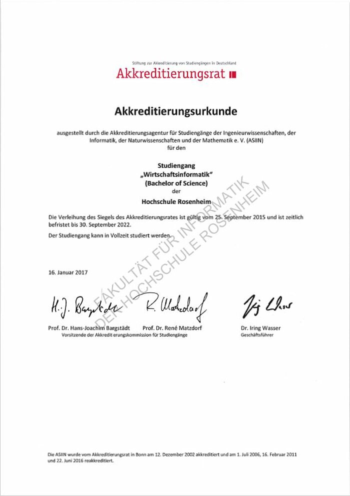Kopie der Akkreditierungsurkunde des Studiengangs Wirtschaftsinformatik 