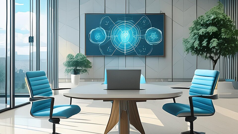 Tisch mit zwei Stühlen, Laptop und Wandmonitor