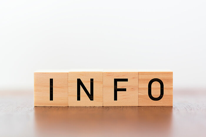 Holzwürfel in einer Reihe auf denen die Buchstaben I N F O abgebildet sind