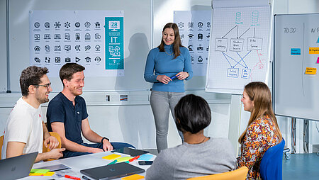 Five students (smiling) during group work. One student stands at the flipchart. 