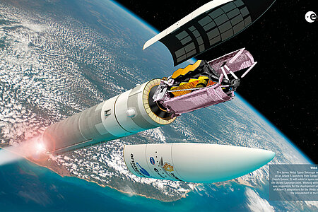 Webb startet perfekt auf einer euroäischen Ariane-5 (Kein Korrekturtreibstoffverbrauch = Verdopplung der Lebensdauer)