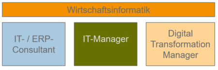 Grafik mit farbigen Blöcken, in denen drei der möglichen beruflichen Perspektiven für WIF-Master aufgezeigt sind. (IT-/ERP-Consultant, IT-Manager, Digital Transformation Manager)