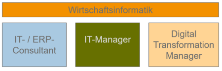  Graphic with coloured blocks showing three of the possible career perspectives for WIF Masters. (IT-/ERP-Consultant, IT-Manager, Digital Transformation Manager)