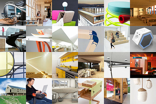 Potpourri aus Bildern, die sowohl Projekte aus dem Möbeldesign wie der Innenarchitektur zeigt