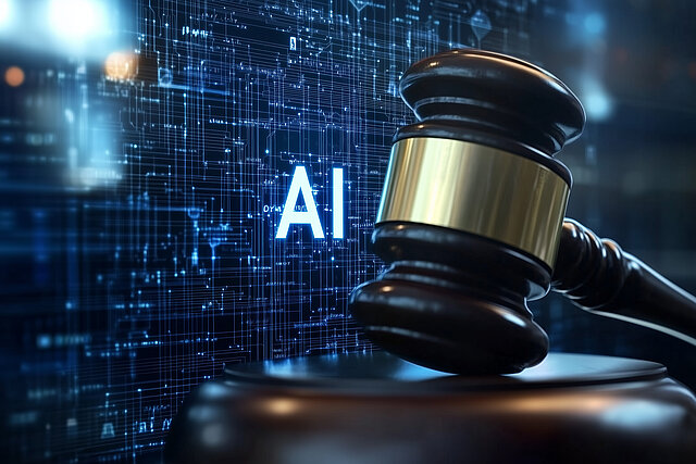 Bildschirm zeigt "AI" an. Mit einem Hammer wird ein Urteil gefällt.
