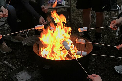 Students make marhsmallows at a camp fire.