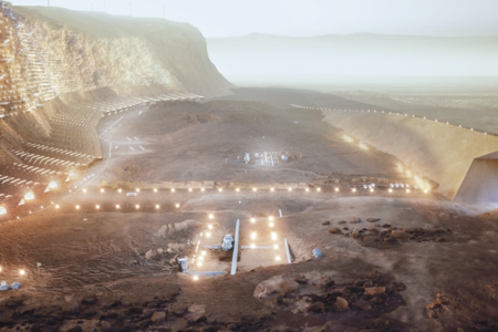Blick auf's Wohncliff in Projektstadt Nüwa auf dem Mars 