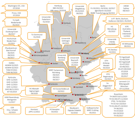 Landkarte von Deutschland mit Verweise auf die Städte wo und wann Workshops des Pro-Aktiv-Teams stattgefunden haben 