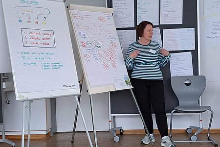 [Translate to English:] Eine Teilnehmerin steht am Flipchart und erläutert Ergebnisse des Workshops