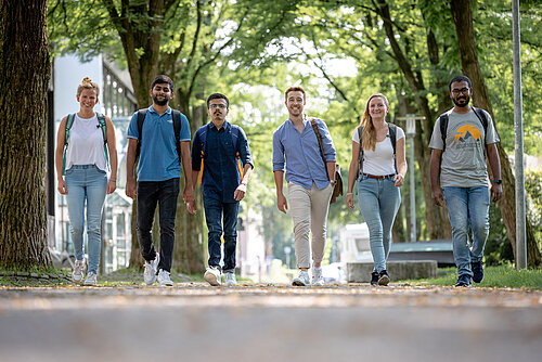 Sechs Studierende laufen nebeneinander eine Baumallee am Campus entlang