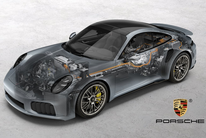 Grafik eines Prosches mit Blick auf die Technik unter der Motorhaube und in der Karosserie