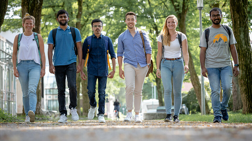 Eine Gruppe Studierender verschiedener Nationalitäten laufen nebeneinander unter einer Baumallee