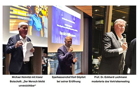 Man sieht drei verschiedene Sprecher des Abends auf dem Podium.