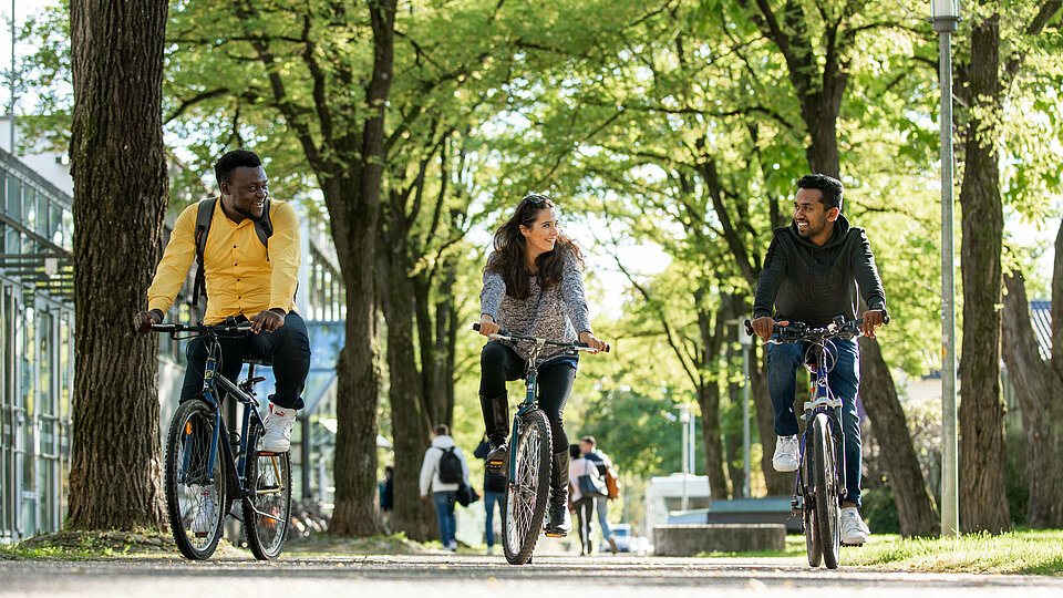Drei Studierende fahren mit dem Rad durch den Campus.